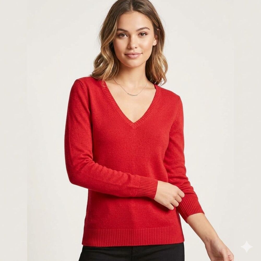 Forever 21 | Vintage Red V Neck Long Sleeve Ribbed Sweater L Y2K Preppy Casual